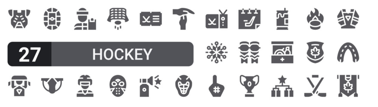 Set of 27 filled glyph Hockey icons for mobile apps, web interfaces and digital products. Solid vector icon pack featuring chest guard, coach, hockey, snowflakes, first aid kit and m leaf.