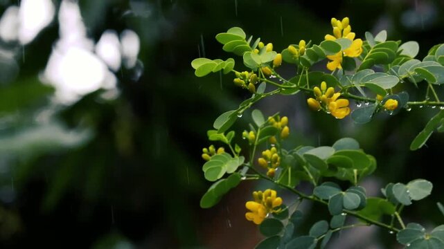 Vibrant yellow senna flowers blooming on a leafy branch during a steady rainfall