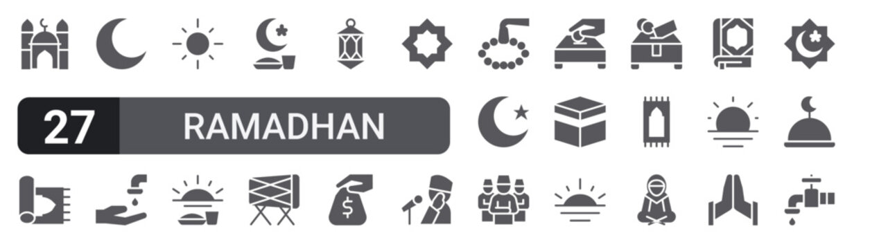 Set of 27 filled glyph Ramadhan icons for mobile apps, web interfaces and digital products. Solid vector icon pack featuring mosque, sun, lantern, islam, sajadah and water.