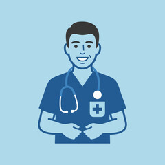 Fototapeta premium A friendly male doctor wearing a blue medical uniform icon
