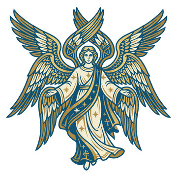 An elegant golden and blue illustration of a seraphim angel