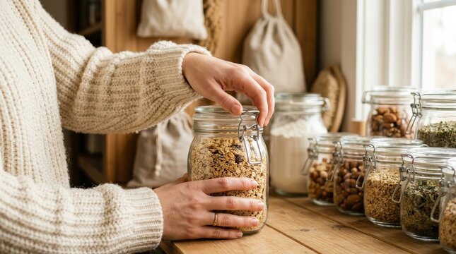 An airtight glass jar with oats being closed by a woman's hands in a pantry setting.