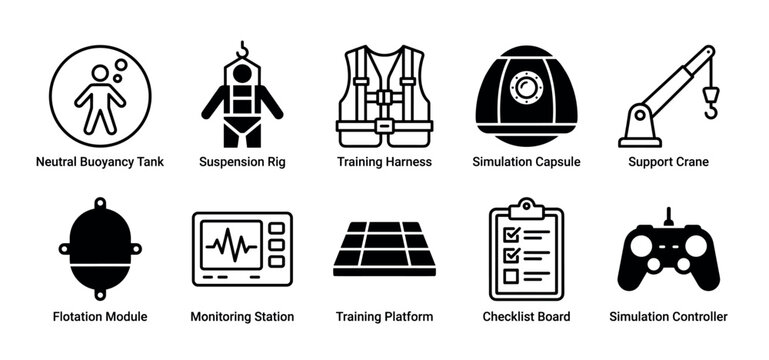 Ten black vector icons for space training showing a buoyancy tank, harness, capsule, crane, and controller for astronaut simulation in a minimalist glyph and line art style
