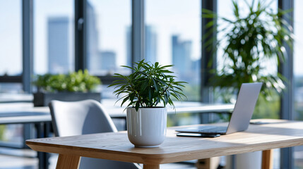 Fototapeta premium Open plan coworking office with desks and plants overlooking city skyline through floor-to-ceiling windows during daytime, modern workspace concept, architectural office