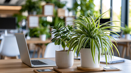 Fototapeta premium Modern office workspace with bright ergonomic and sustainable design for collaborative productivity in urban co-working environment, green office concept, architectural