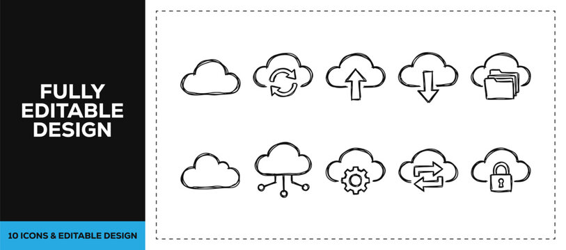 Black ink scribble hand drawn doodle sketch vector icon set featuring cloud computing data transfer and network tech isolated on white background texture information art