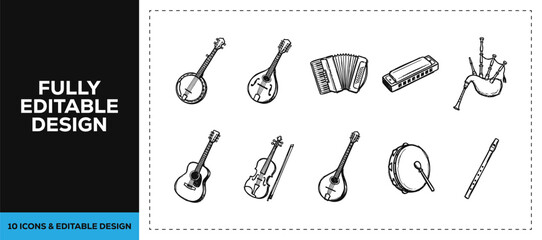 Black ink scribble hand drawn doodle sketch vector icon set featuring folk musical instruments guitar banjo and music isolated on white background texture acoustic art res © Graphics