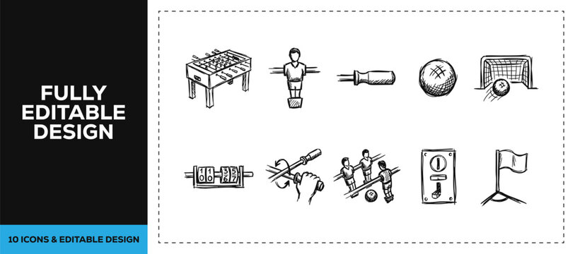 Black ink scribble hand drawn doodle sketch vector icon set featuring tabletop game table soccer and leisure hobby isolated on white background texture entertainment art