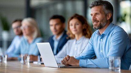 Fototapeta premium Faceless collaborative team meeting in modern office environment with diverse professionals around conference table, corporate teamwork concept, business meeting photography,