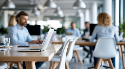 Fototapeta premium Modern open office space with faceless collaborative team working together at shared desks, corporate culture concept, workplace photography, blurred office background, with copy