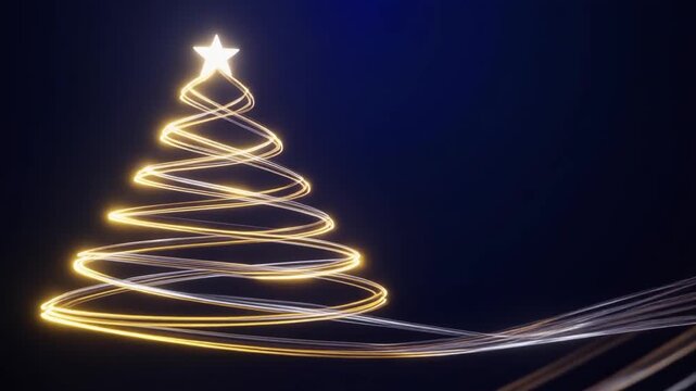 Abstract Christmas Tree Formed by Glowing Golden and Silver Light Trails, Elegant Holiday Motion Background with Star