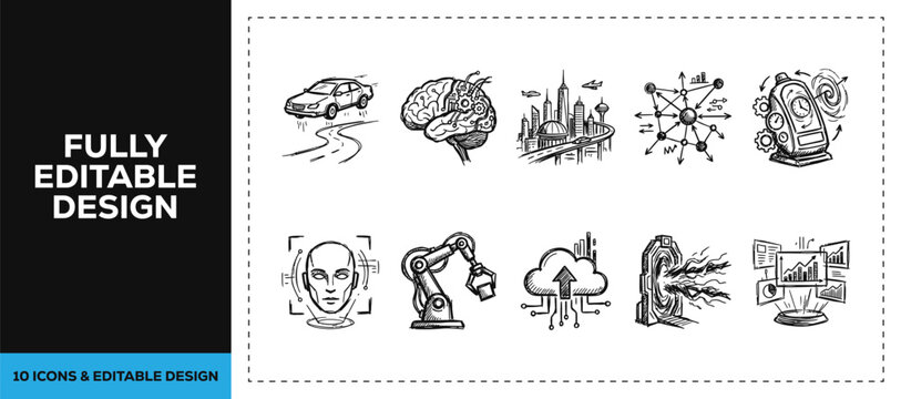 Black ink scribble hand drawn doodle sketch vector icon set featuring future technology smart robot and ai tech isolated on white background texture innovation branding art