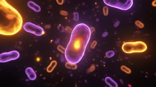 Glowing Purple and Gold Bacteria Microorganisms Floating in Dark Space, Scientific Abstract Microbiology Motion Background