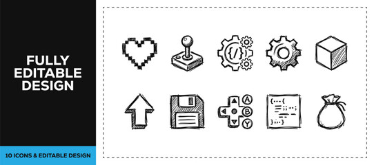 Black ink scribble hand drawn doodle sketch vector icon set featuring retro gaming joystick and vintage pixel art isolated on white background texture nostalgic tech art © Graphics