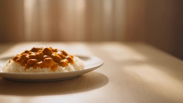 Authentic Butter Chicken Curry Served with White Rice on a Plate, Traditional Indian Cuisine Cinematic Full HD Food Background