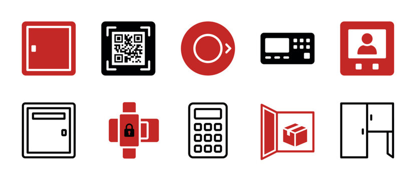 Collection of parcel locker icons for delivery and pickup services, including a QR code, keypad, intercom, and secure box symbols for automated post office concepts