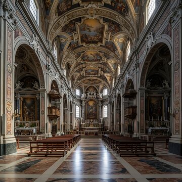 Grand Gothic cathedral interior with ornate vaulted ceiling and stained glass.