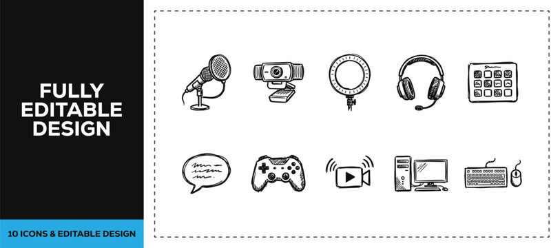 Black ink scribble hand drawn doodle sketch vector icon set featuring podcasting microphone and radio studio gear isolated on white background texture broadcast media art