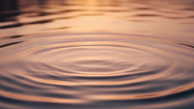 Macro Shot of a Calm Water Surface with Expanding Circular Ripple Reflecting Golden Sunset Light, Serene Full HD Motion Background