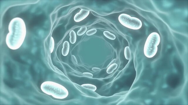 Seamless Loop of Biological Tunnel with Floating Mitochondria Cells, Microscopic Medical Visualization 1080p Full HD Motion Background