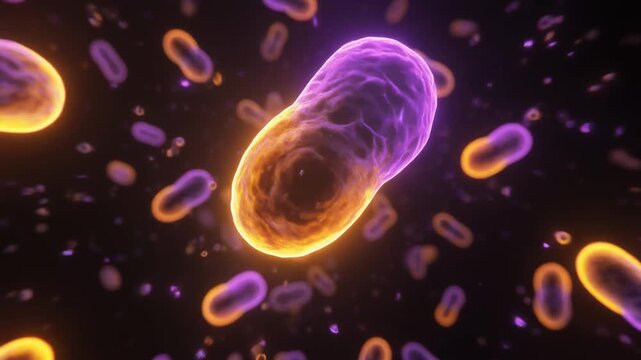 Seamless Loop of Glowing Purple and Orange Bacteria Moving in Dark Space, Abstract Microbiology 1080p Motion Graphics