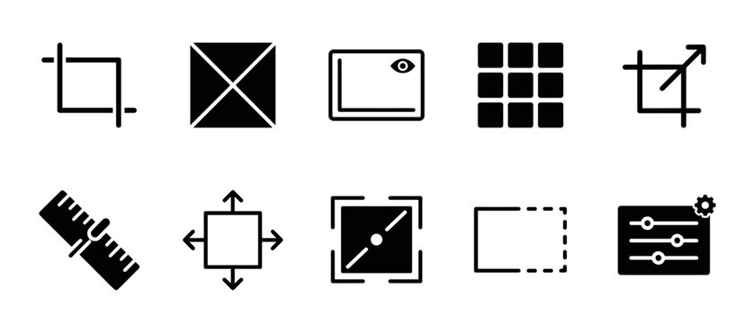 Set of black glyph icons for user interface design including crop, resize, settings, grid, and selection tools for web and mobile applications