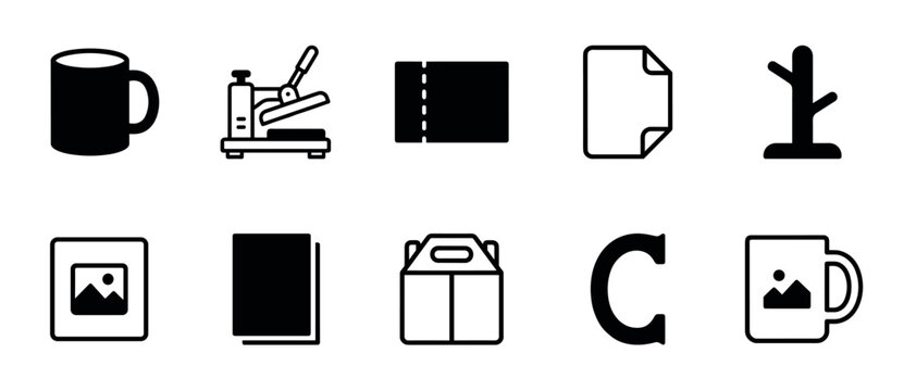 Set of ten black minimalist icons for merchandise printing, including a heat press, mug, ticket, document, and picture frame, presented in a clean glyph and outline style