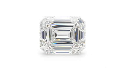 Fototapeta premium Premium emerald cut diamond isolated on white background with brilliant light reflection and rainbow dispersion, luxury octagonal step cut gemstone for jewelry, engagement ring, wedding, investment an