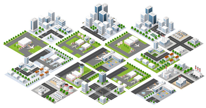 Isometric city elements set buildings roads houses collection