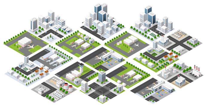 Isometric city elements set buildings roads houses collection