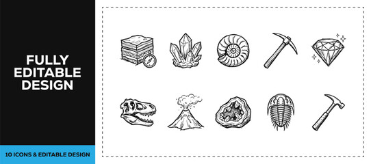 Black ink scribble hand drawn doodle sketch vector icon set featuring ancient life fossils and geology rocks isolated on white background texture scientific museum design art © Graphics