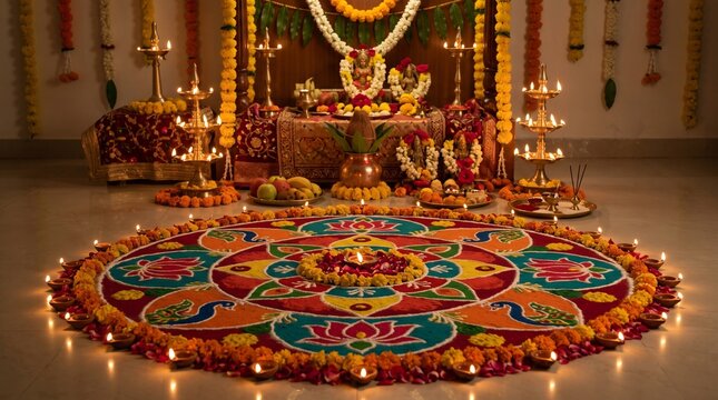 Traditional navratri festival celebration with rangoli and diyas