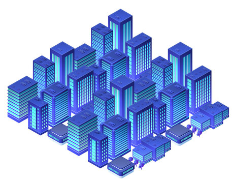 Isometric city block with curved road and modern buildings