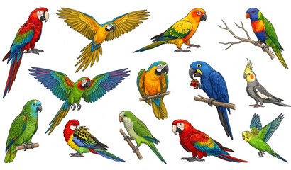 Colorful Parrot Collection in Different Poses Vector Illustration © Md