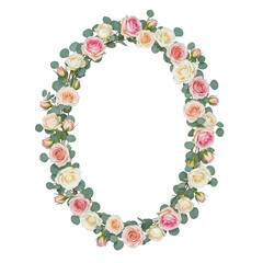 Naklejka premium Oval floral wreath with pink and cream roses and eucalyptus isolated on transparent background