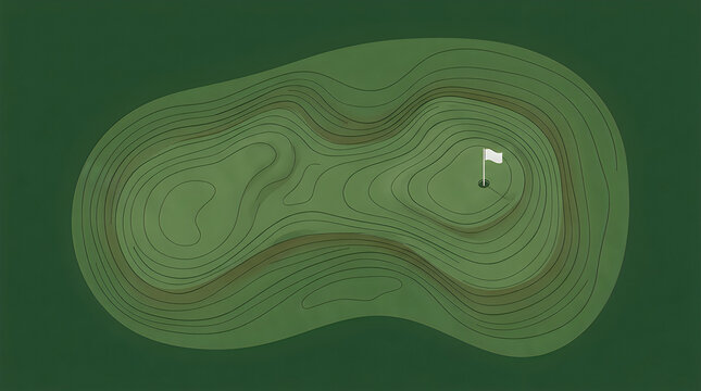 A putting green with elevation changes shown by simple contour lines, topographic style, solid dark green background
