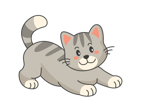 Cute kitten, cartoon cat, vector kitty on white background.