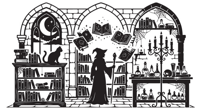 Premium black and white silhouette vector of a mysterious witch&rsquo;s archive room with floating spell books, candle stand, potion bottles, crescent moon, and a perched black cat, elegant layered composit