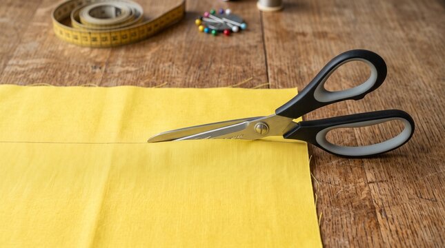 Scissors cutting yellow fabric on wooden table with sewing supplies  