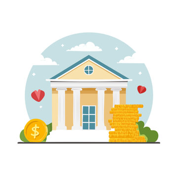 Flat vector illustration of a bank building with coins and hearts