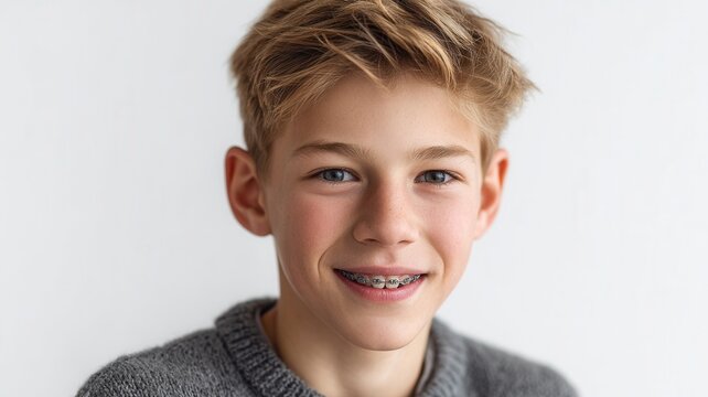 Young boy with braces smiling showing orthodontic treatment and healthy children dental care