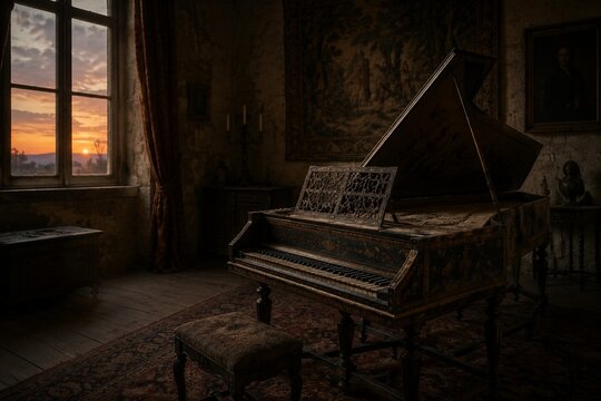 Quiet room in an old castle at dusk, a dusty harpsichord in warm fading light.