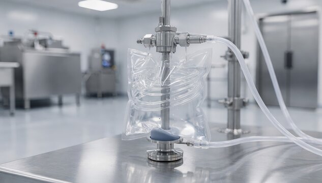 Medium shot capturing a magnetdriven singleuse mixer in a sterile facility highlighting precision batch mixing with rapid changeover capabilities.