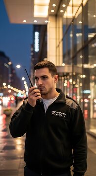 Serious Young Security Guard Using Radio on Rainy City Sidewalk at Night