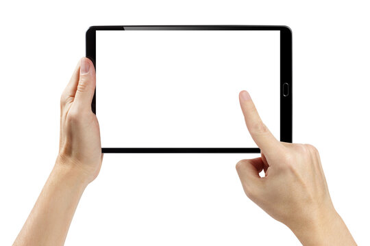 Black touchscreen tablet with one hand holding and another touching, isolated on transparent cutout background