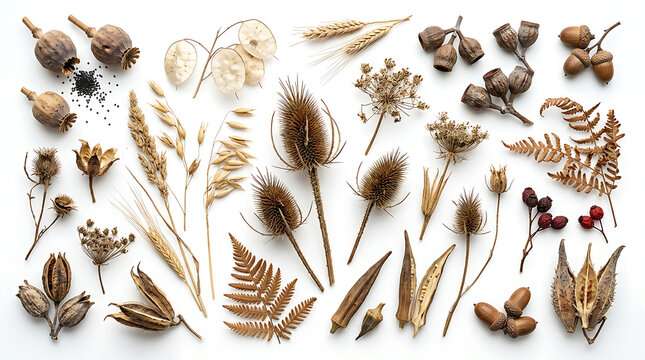 Aesthetic Autumn Botany Flat Lay with Poppy Pods, Seeds, and Teasels on White Background