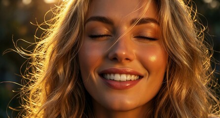 Fototapeta premium Golden Hour Radiant Woman Smiling Sunlight Hair Beauty Portrait