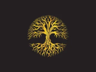 gold silhouette dead old leafless trees set isolated on black background. © Kareemov