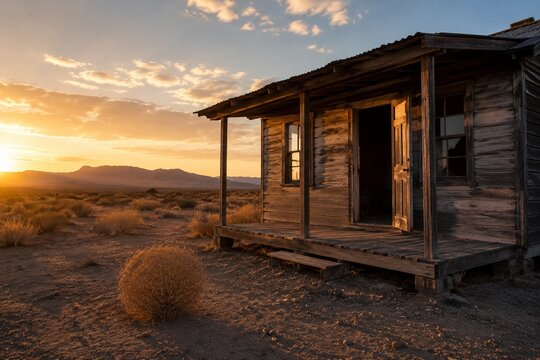 Abandoned desert cabin porch with a slightly ajar door and a tumbleweed at golden hour.