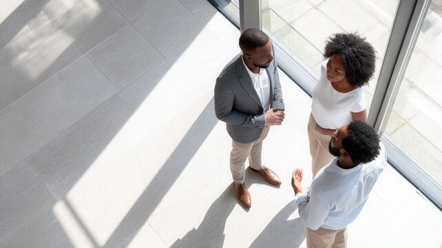 Business professionals collaborating discussing project details with mobile phones modern office space